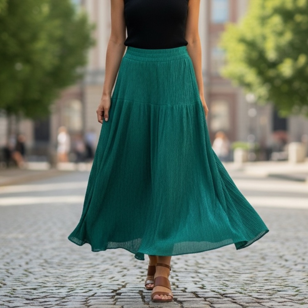 Chaus Women Plus Size Teal Crinkled Boho Cottage Core  Coastal Maxi Skirt 1X